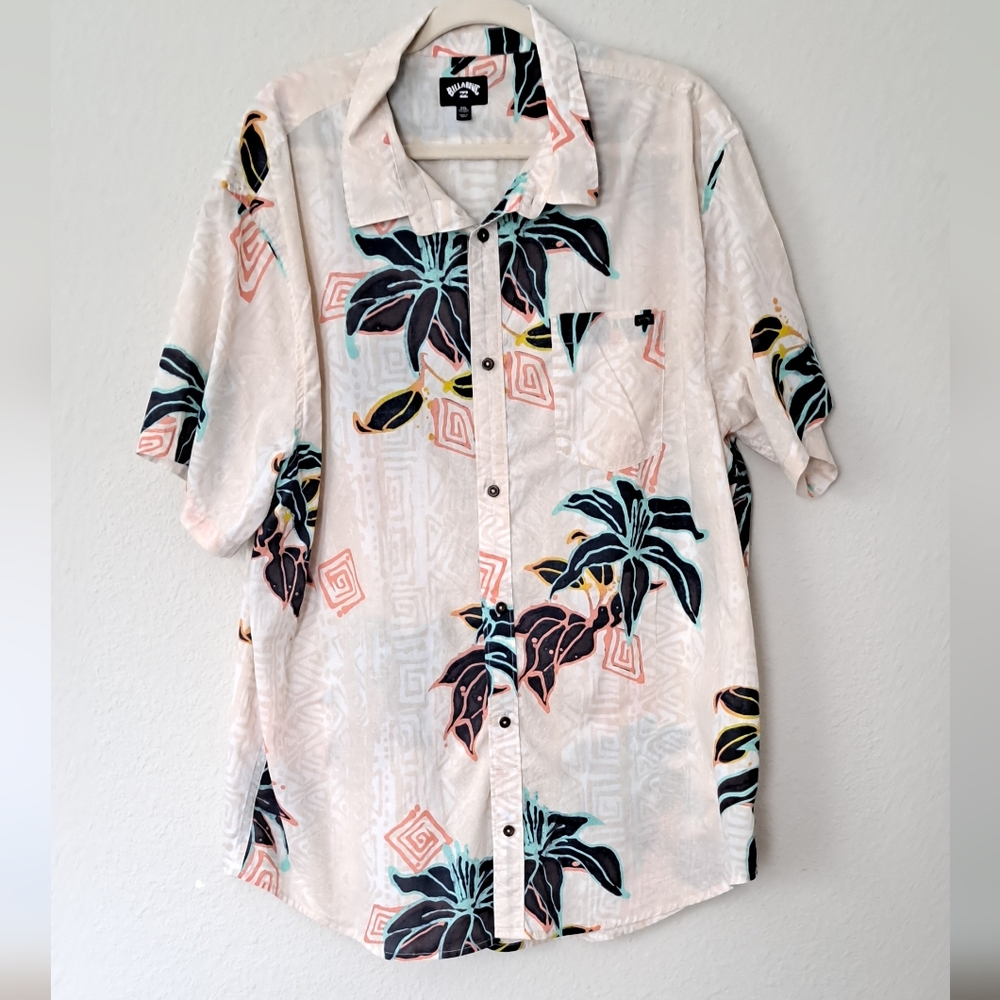 Billabong Tan Hawaiian Shirt Floral Geometric Print XXL